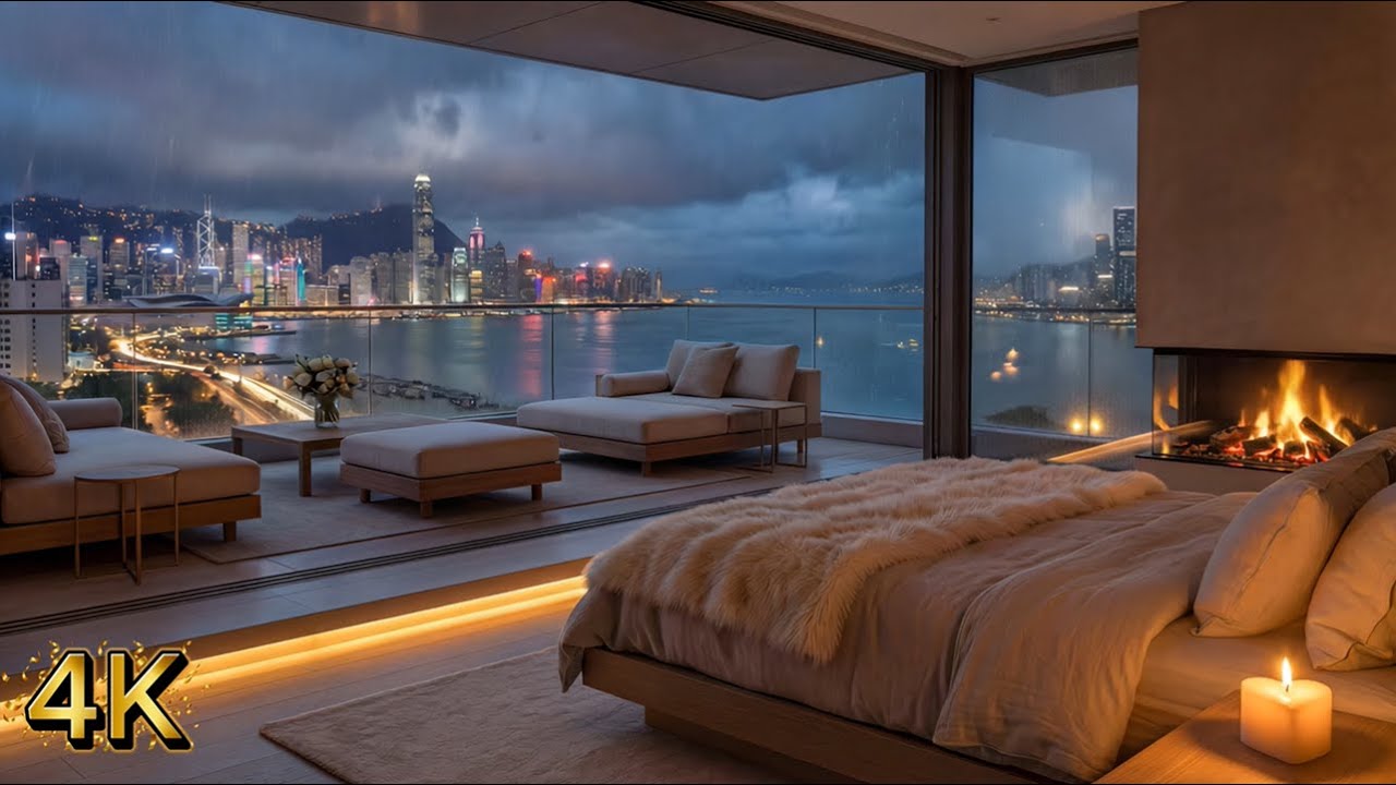 Cozy Rainy Night by the Fireplace – City Lights, Warm Bedroom & Gentle Rain