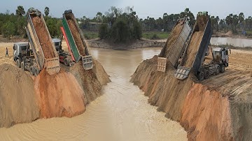 Amazing Landfill! Dozer & dump truck carries soil into the water to fill a large pond