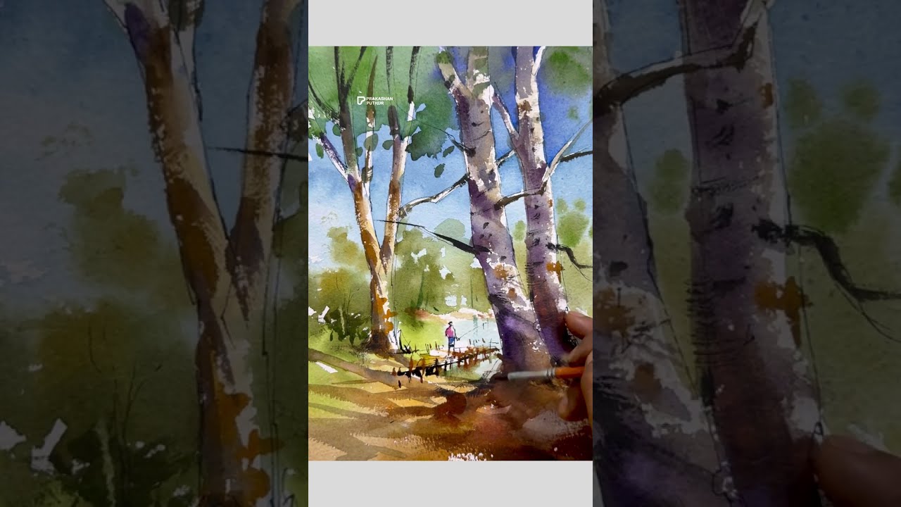 Easy watercolour landscape | ink pen with watercolour demo by ...
