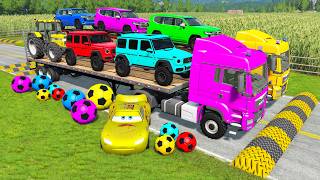 Double Flatbed Trailer Truck Vs Speedbumps Mcqueen Train Vs Cars Tractor Vs Train Beamng.drive