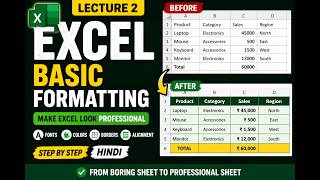 Excel Formatting Tutorial for Beginners | Lecture 2 | Font, Color, Border & Alignment | Hindi