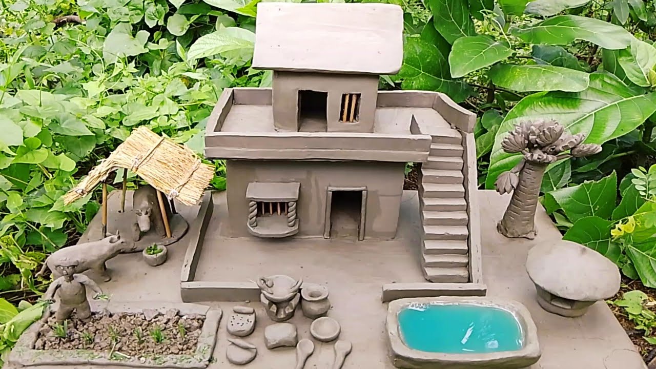 Clay House with cow shed and diy agriculture farming | Village House | How to Build Miniature House