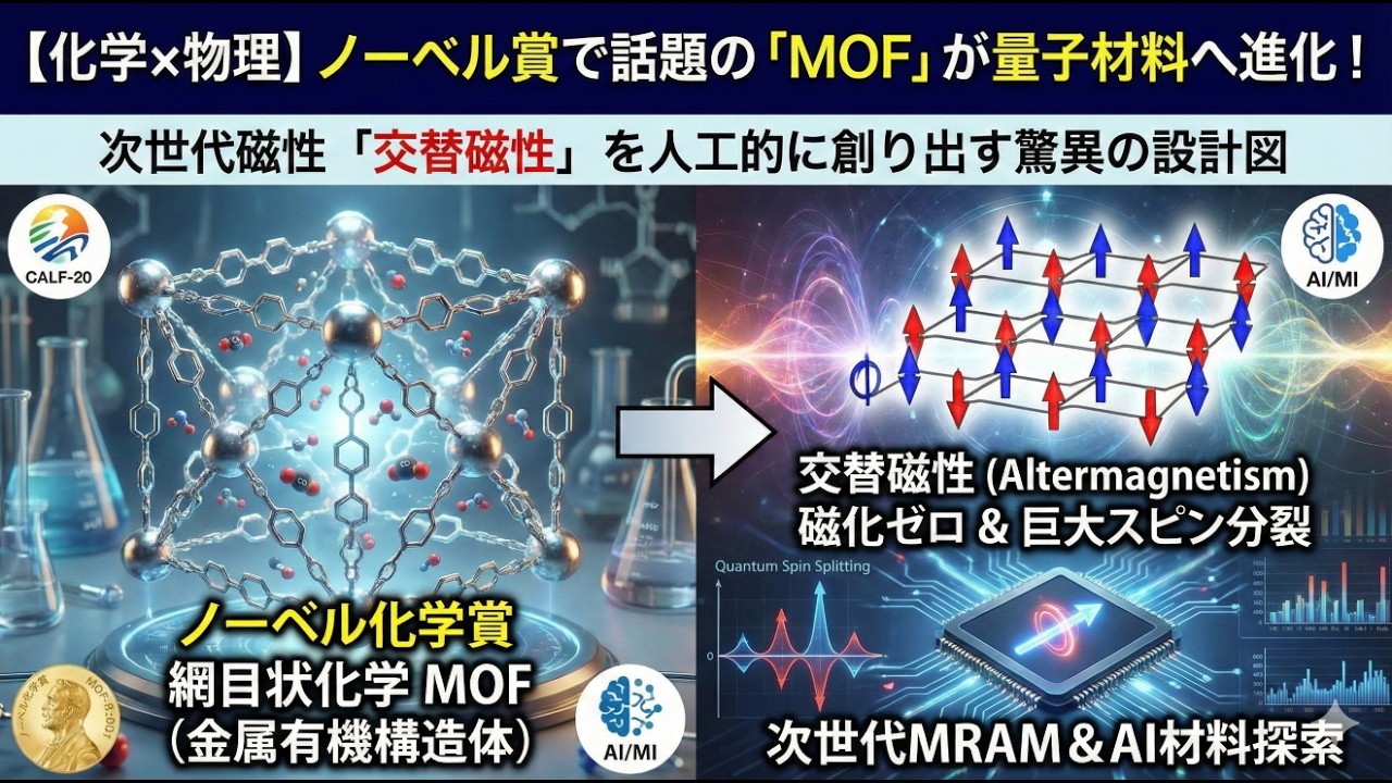 【化学×物理】ノーベル賞で話題の「MOF」が量子材料へ進化！次世代磁性「交替磁性（Altermagnetism）」を人工的に創り出す驚異の設計図