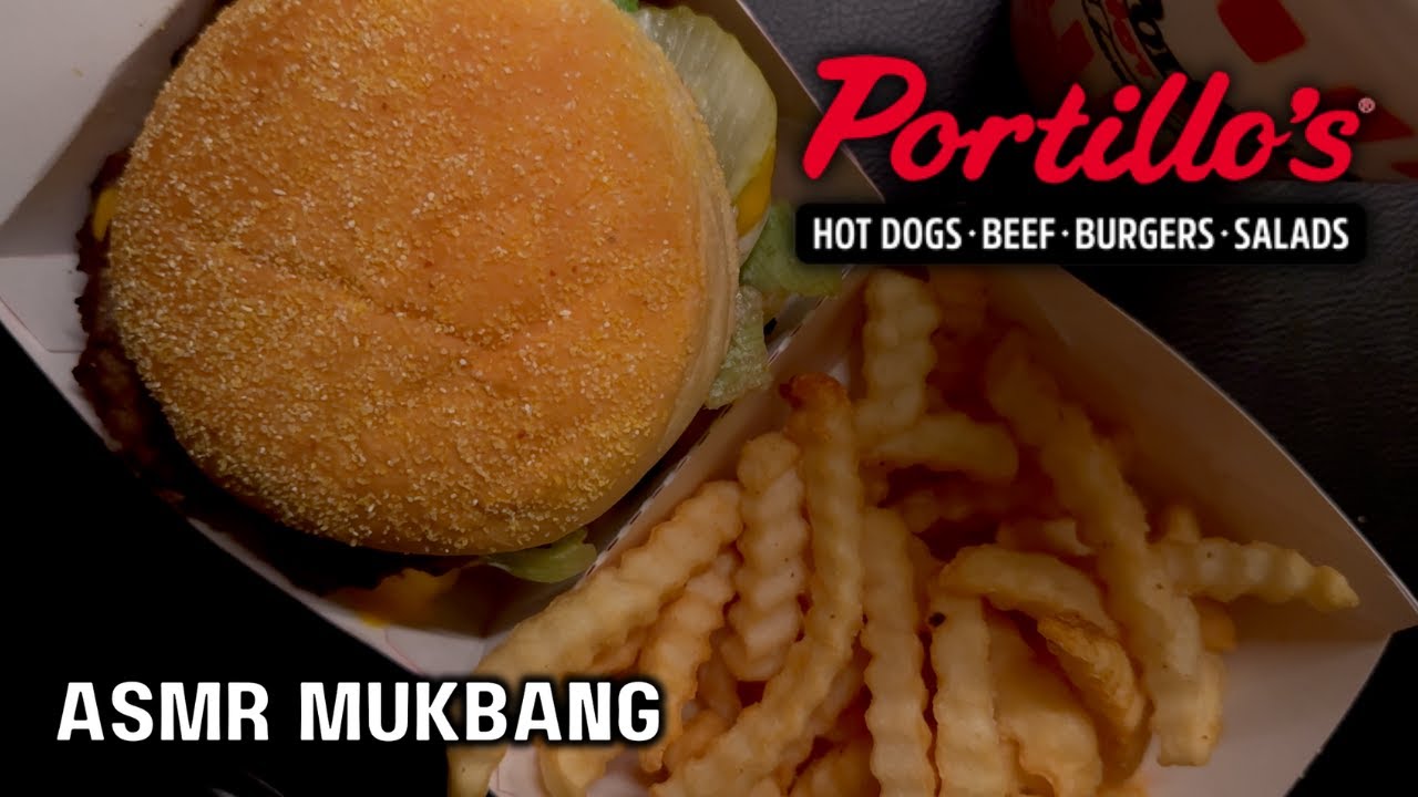 ASMR PORTILLO'S CHAR BOILED DOUBLE CHEESEBURGER STRAWBERRY LEMON MILKSHAKE MUKBANG EATING SOUNDS