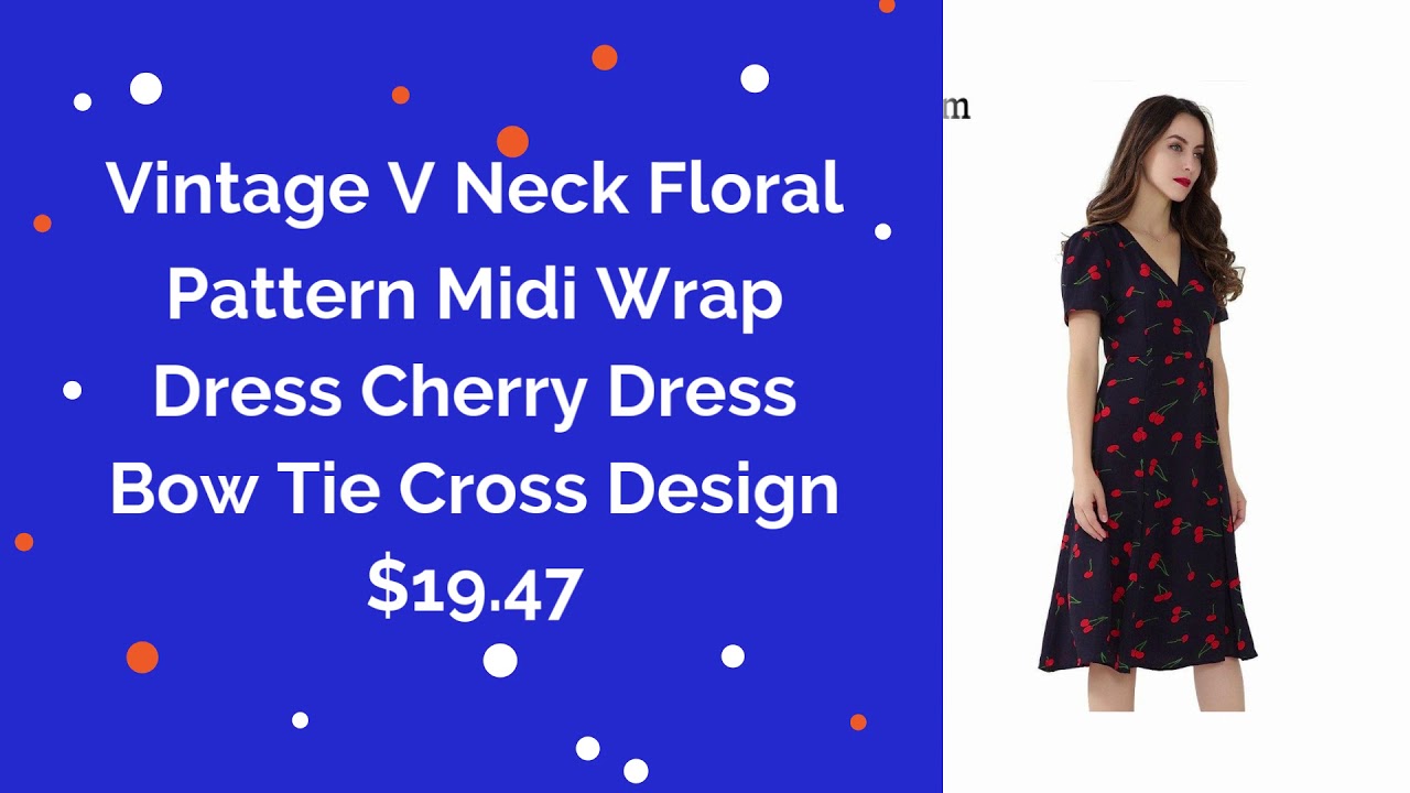 Aemy Group - Vintage V Neck Floral Pattern Midi Wrap Dress Cherry Dress Bow Tie Cross Design