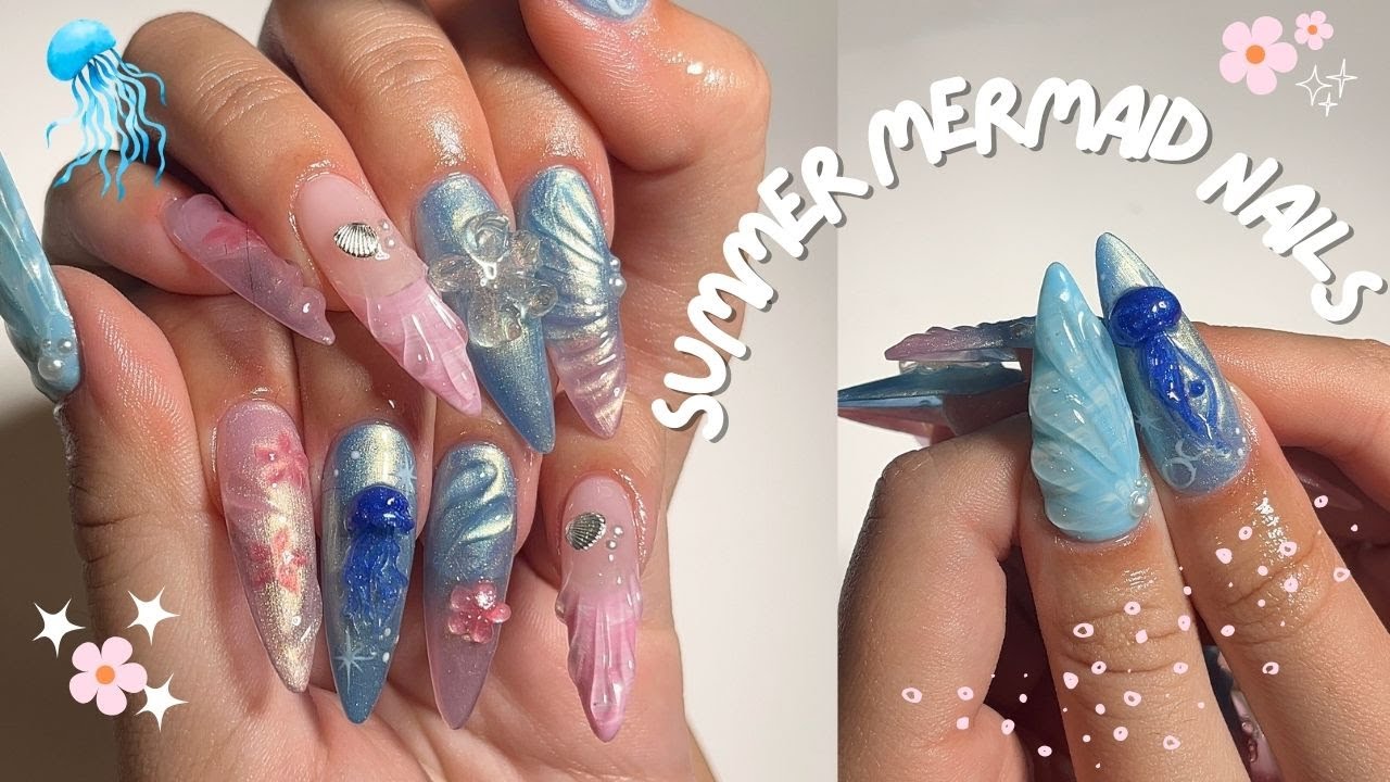 do my nails with me ⋆｡𖦹 °.🐚⋆❀˖°🪼 summer mermaid nails, 3D nail art, nail molds, iridescent, asmr