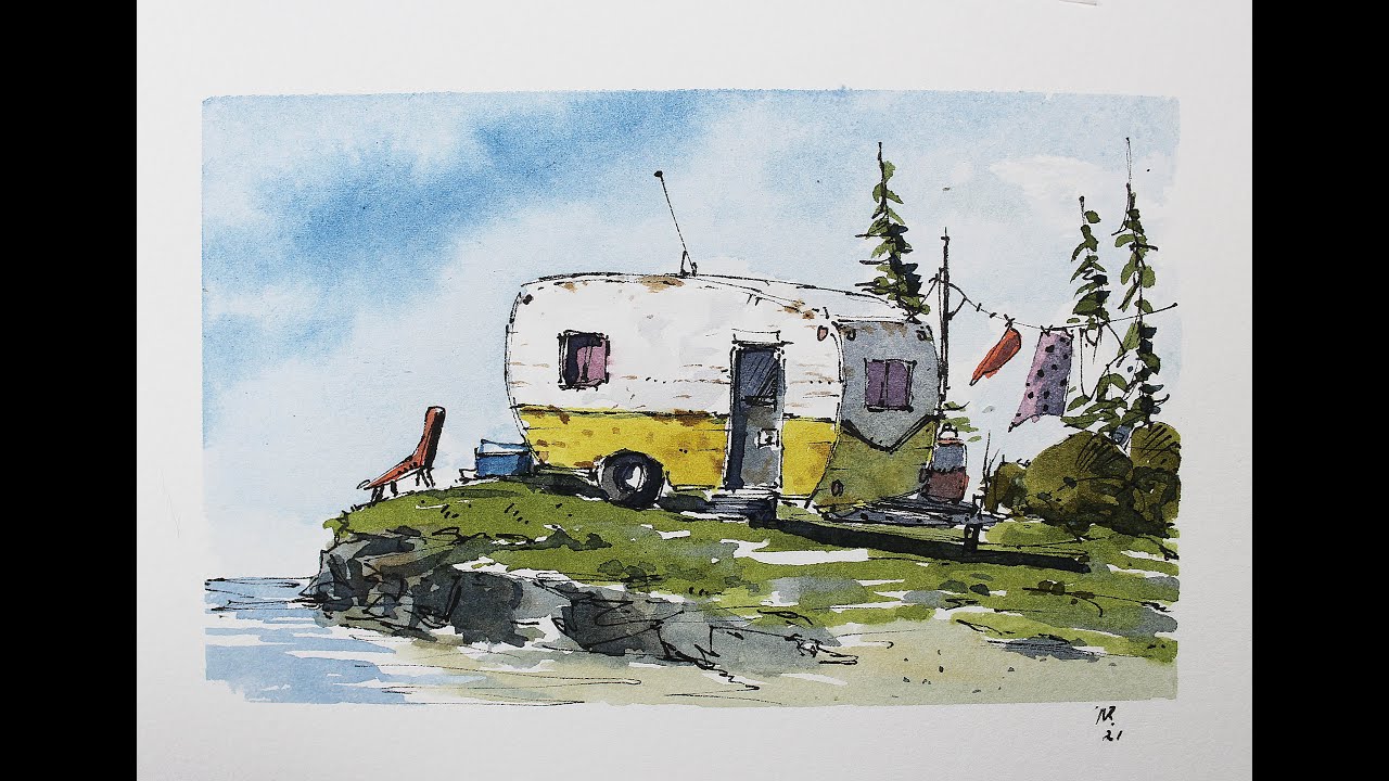 Trailer Line and wash watercolor in Full real time in my crooked lines ...