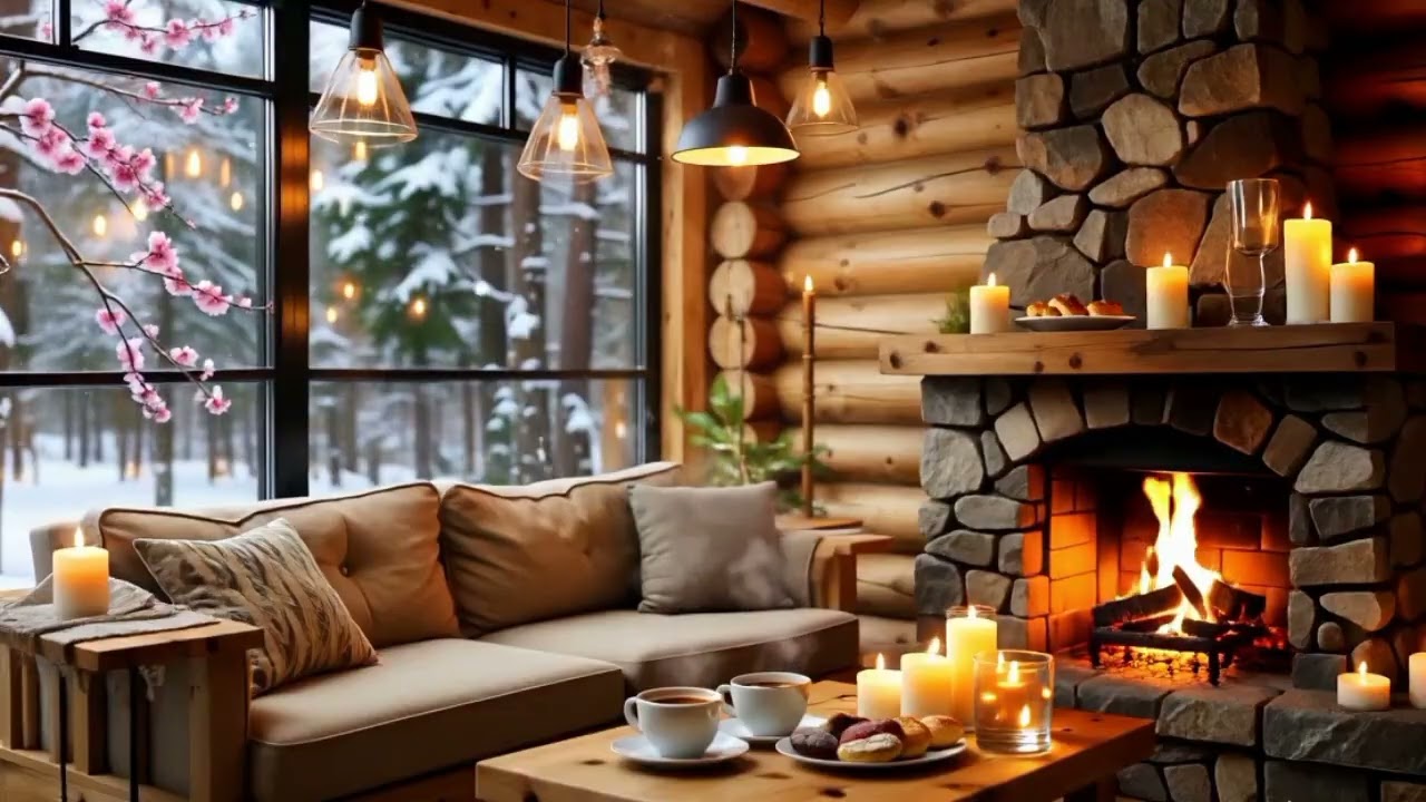 Peaceful Winter Coffee Shop ❄️ Soft Jazz Piano & Cozy Fireplace Sounds