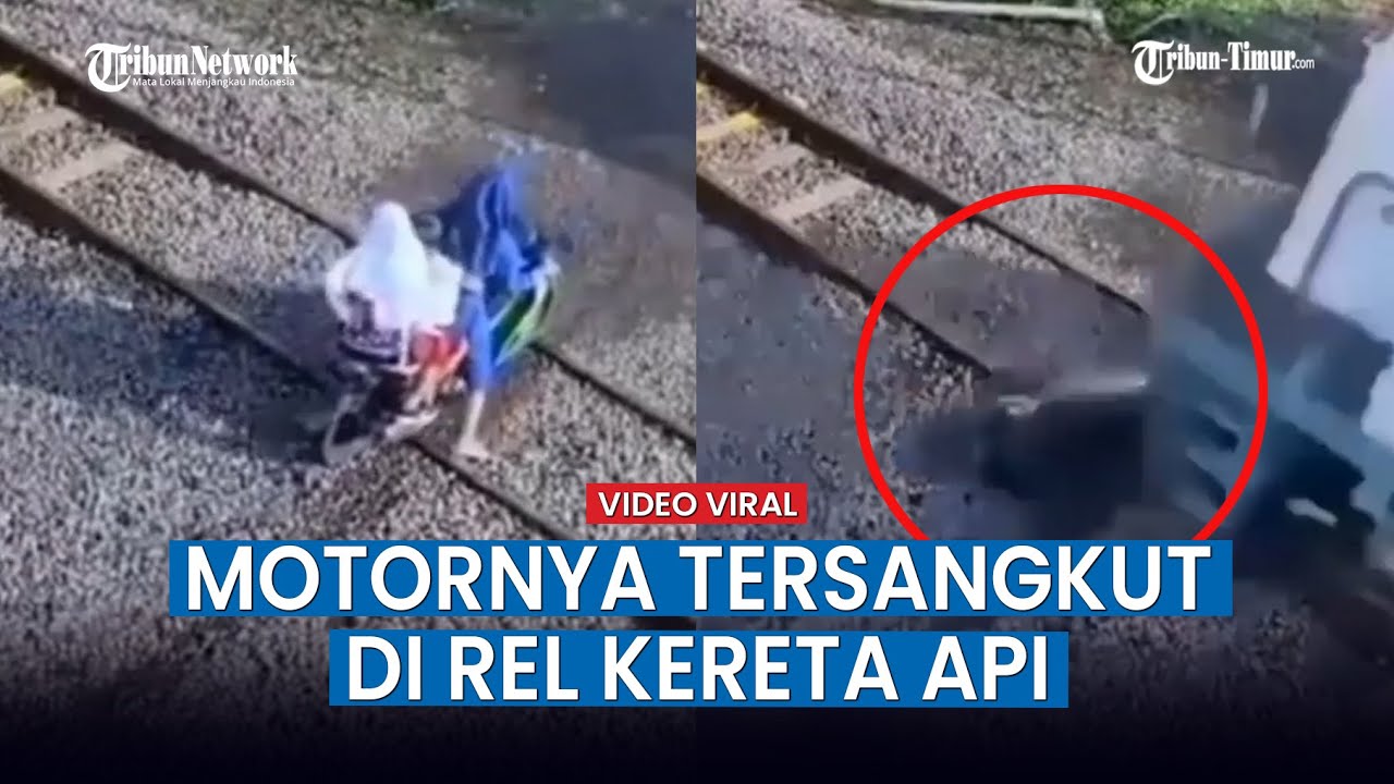 VIRAL, Ibu dan Anak anaknya Selamat Saat Motor Tersangkut di Rel Kereta Api, Nyaris Dilindas