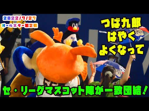 つば九郎に届け！！セ・リーグマスコット陣が一致団結し、すわ九郎をワッショイ！ 2022/7/27 プロ野球オールスター in松山