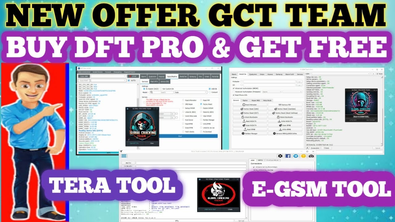 New Offer GCT Team Dft Pro v5.0.6 + Tera Tool V1.0.2.8,E-GSM Tool V3.4.2 Flash,FRP,Format New Mobile