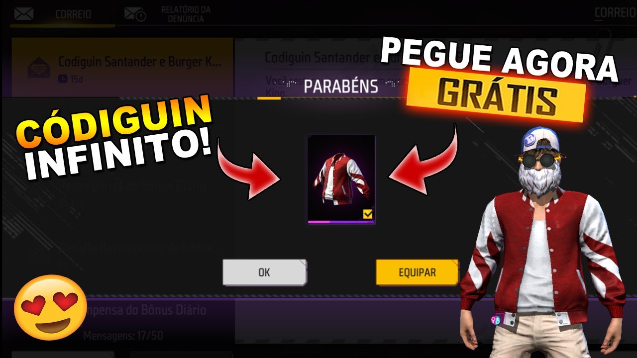 CORRE!! CODIGUIN INFINITO PEGUE AGORA JAQUETA DE GRAÇA, SANTANDER, COMO  RESGATAR CÓDIGO NO FREE FIRE 