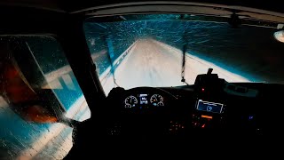 POV Truck Driving In A Snow-Storm in Norway, Mercedes Actros