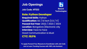 Python Job Opening|Join & Get Placements|Besant Technologies #shorts #ytviral #mncjob #python