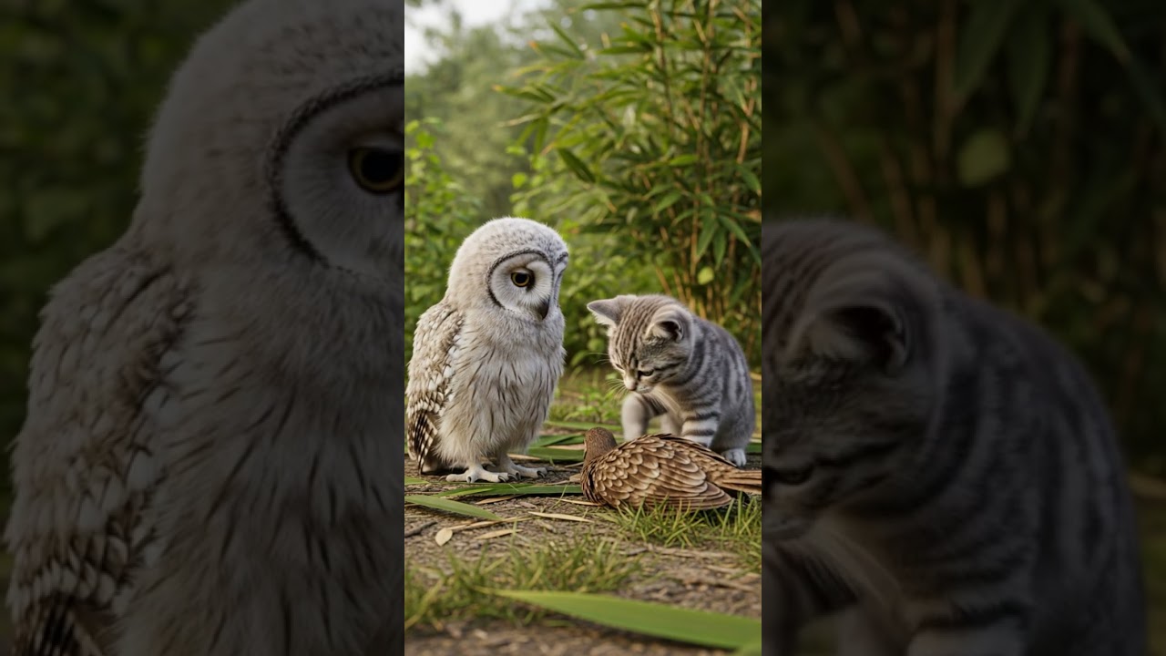 A Kitten Discovers an Injured Owl and Tries To Help It Fly Again 