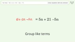 Linear equation with one unknown: Solve 6(1+n)=8n-3(n-7) step-by-step solution