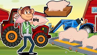 Monkeys Farm Life: Raise Pigs - Truck, Excavator Truck, Agricultural Mixer | Farm Vehicles Animated