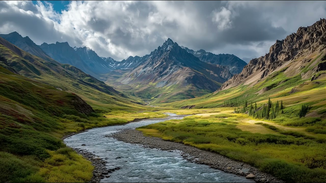 Untamed Alaska – Majestic Mountain Valley & Winding River | Still Art Screen Saver | 4K