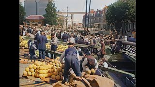Beautiful Alkmaar (NL) and its Cheese Market over 100 years ago in 1922 (A.I. enhanced & colorized)