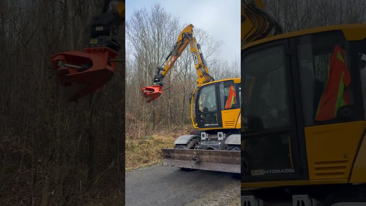Gehölzpflege an der Straße mit dem JCB Hydradig 110W & Holzschneidkopf Woodcracker CL260