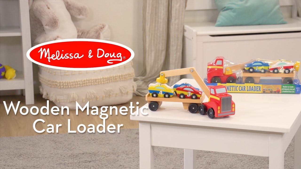 Melissa Doug Magnetic Car Loader Wooden Toy Set Cars Trucks Toddler Toy 