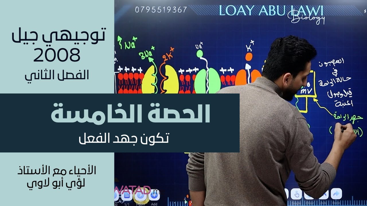 الحصة الخامسة من مادة الفصل الثاني 2008 | تكون جهد الفعل | الأحياء مع الأستاذ لؤي أبولاوي