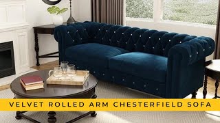 Graceful 3 Seater Velvet Rolled Arm Chesterfield Sofa