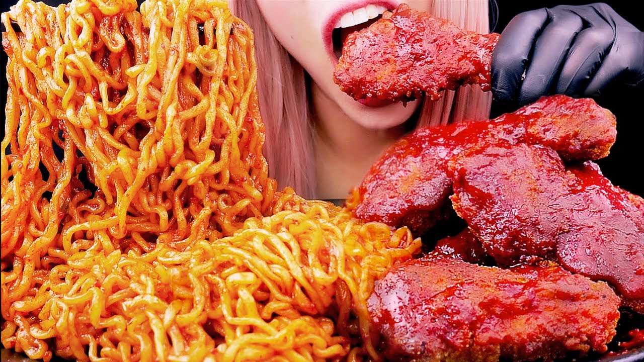 ASMR Spicy Fire Noodles & Fried Chicken | BIG BITES | Eating Sounds 먹방