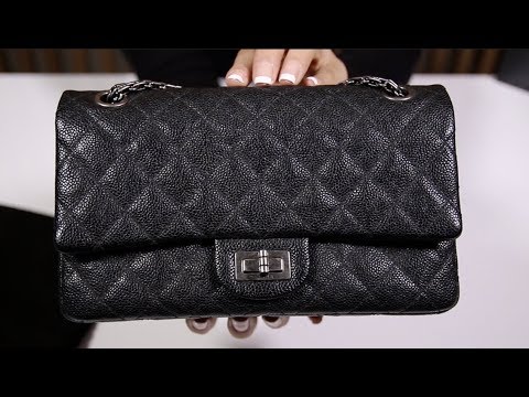 CHANEL 2.55 HANDBAG - REISSUE IN BLACK CAVIAR LEATHER AND RUTHINEUM  HARDWARE (SIZE 225) 