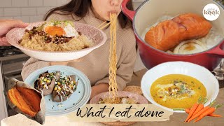 What i ate in a week alone: 4 minute spicy oil ramyun, warm 'Poke' bowl, airfryer soup, Goguma boat