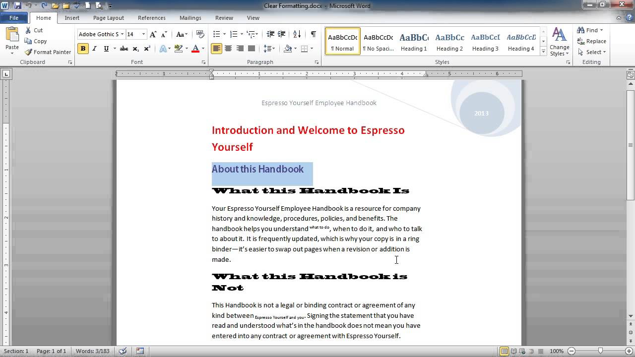 how to clear formatting in word 2007 using control