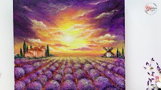 Lavender Field near Tuscan Village / Acrylic Painting Tutorial