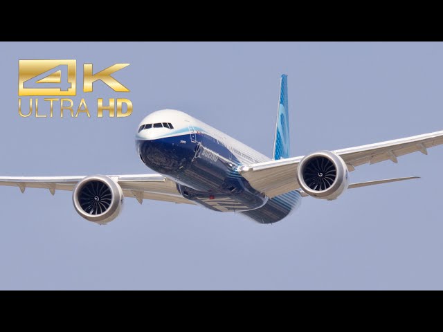 4K) Boeing 777X 777-9 N779XW flying display at Farnborough AirShow