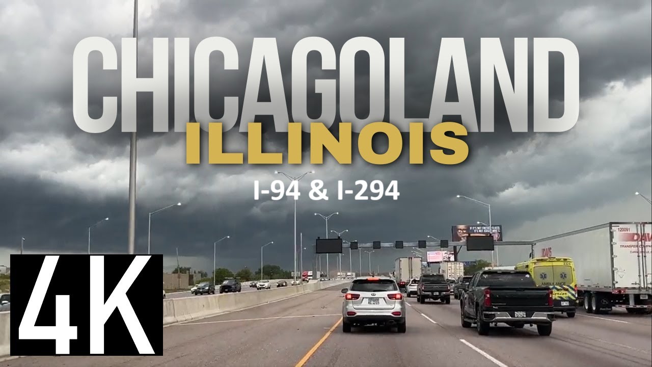 Road Tour Nightmare Drive in the Chicago Area - 4K - Storm + Traffic + Construction - Tollway