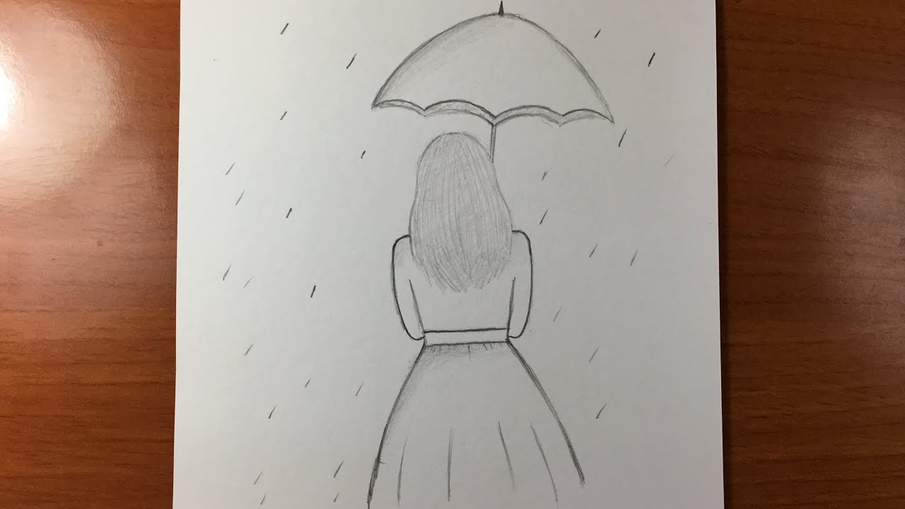 رسم سهل جد تعليم رسم فتاة مع مظلة تحت المطر خطوة بخطوة