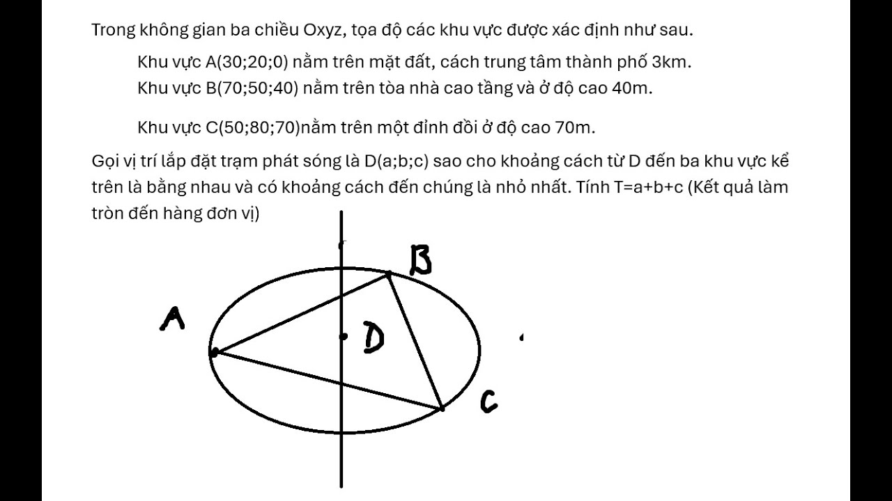 Toán 12 Trong không gian ba chiều Oxyz, tọa độ các khu vực được xác định như sau.Khu vực A(30;20;0)