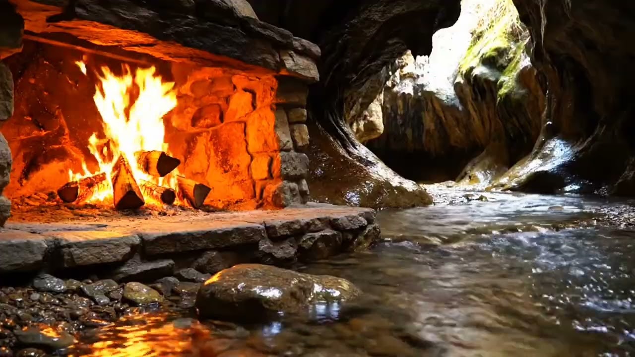 Hidden Fireplace Cave – Cozy Fire & Underground Water Ambience for Sleep (1 Hour)