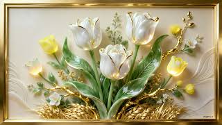 3D Beautiful Luxury Floral Wall Art | Elegant White Tulips with Golden Frame | Ultra HD View screenshot 4