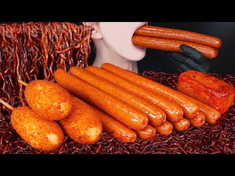 ASMR SAUSAGE SPAM BLACK BEAN NOODLES CORN DOGS NUCLEAR FIRE SAUCE COOKING MUKBANG먹방咀嚼音 EATING SOUNDS