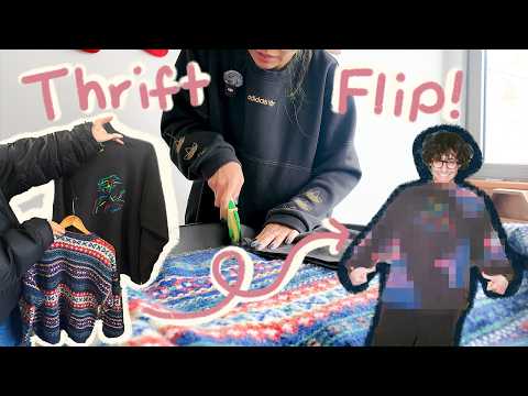 thrift flip gift! combining a knit sweater + a sweatshirt 🪡 (chaotic crafting vlog)