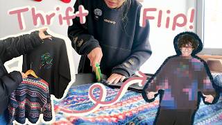 thrift flip gift! combining a knit sweater + a sweatshirt 🪡 (chaotic crafting vlog)