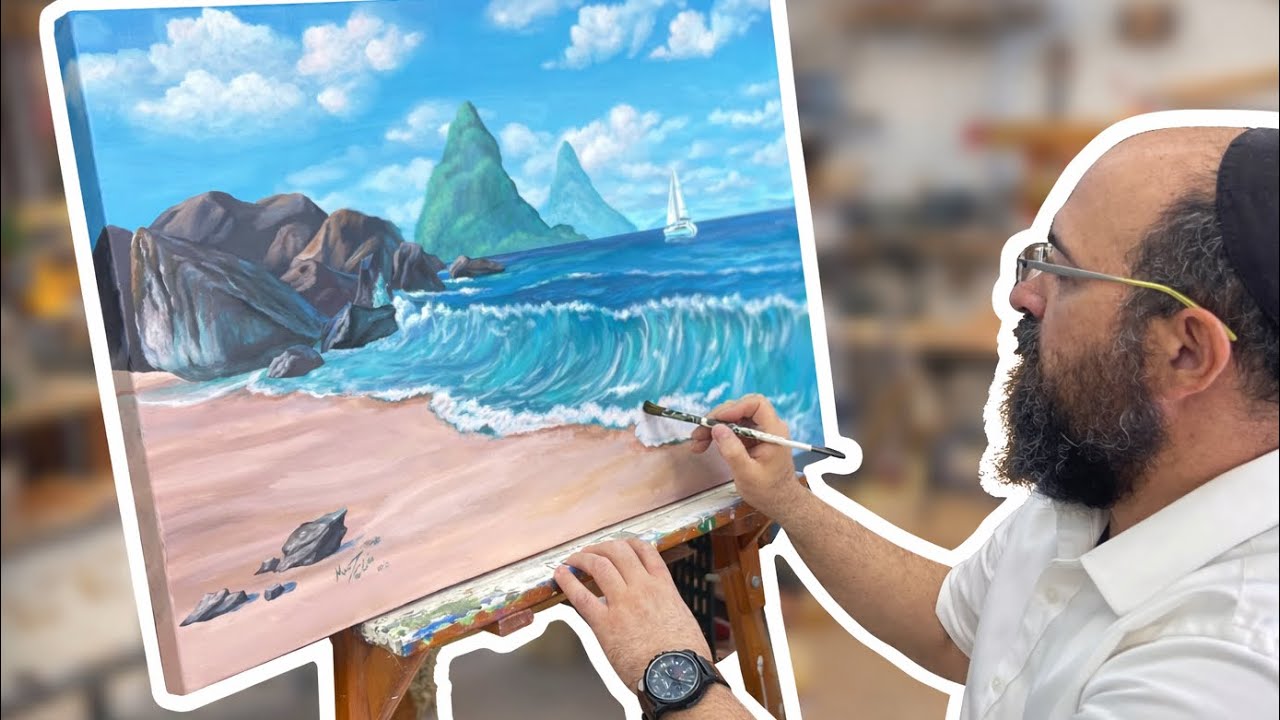  Acrylic Painting Waves And Rocksציור של ים וגלים עם צבעי אקריליק 