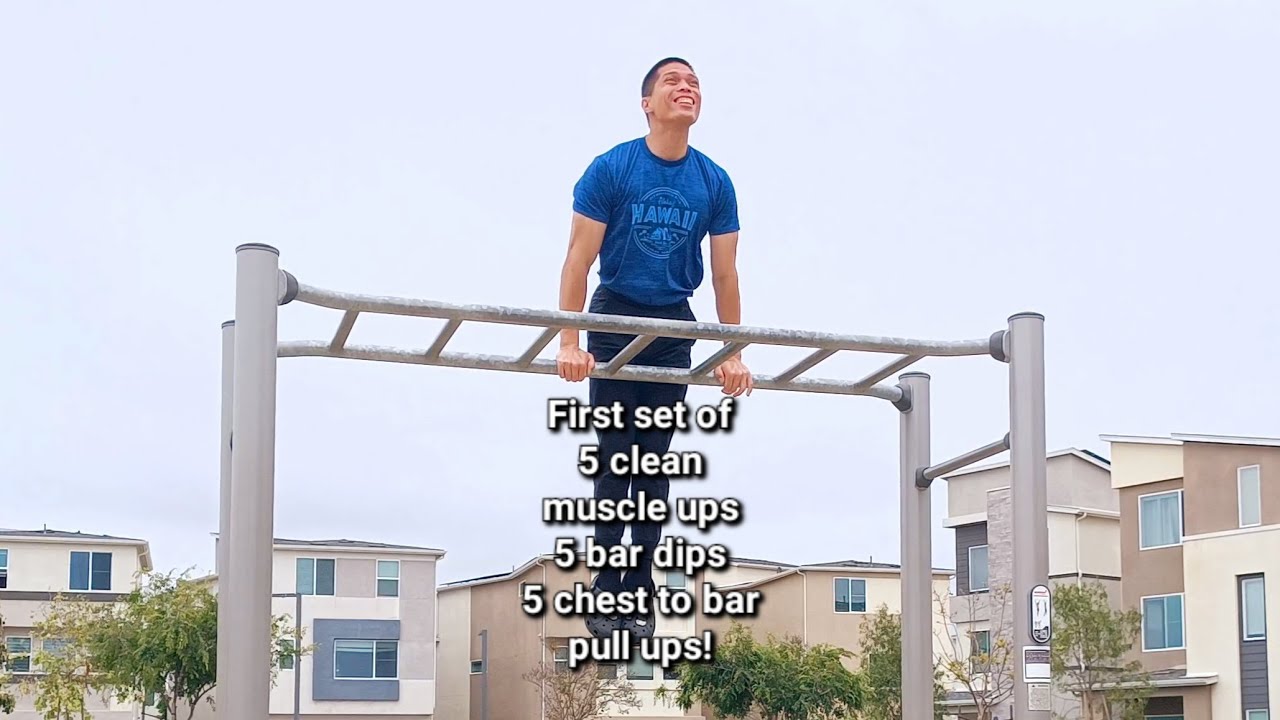 First set of 5 clean muscle ups to 5 straight bar dips to 5 chest to ...