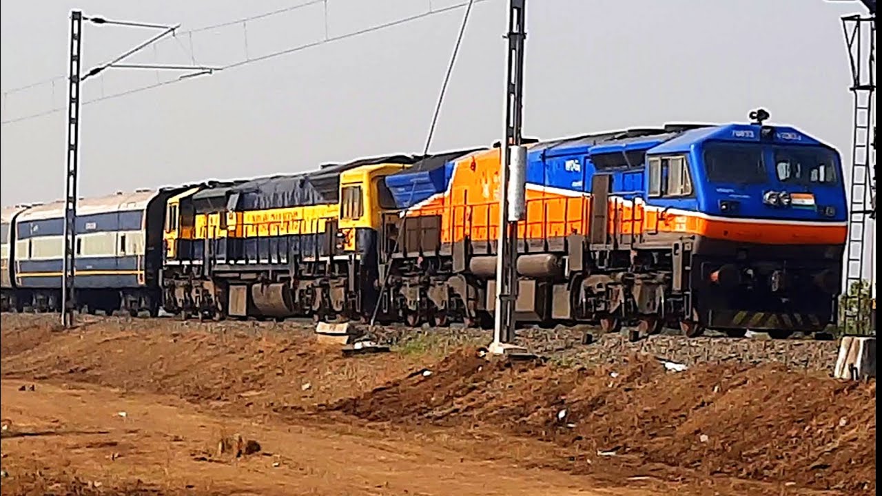 Twin diesel locomotive WDG4 + WDG4D hauling NMG wagon rake + one more clip