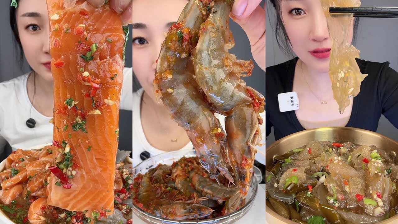 【Yummy】Cold mixed salmon and shrimp with filling shrimp and sour and spicy jellyfish🐠🦐🍋🌶🧄