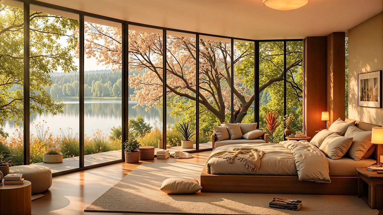 Relaxing Spring Jazz 🌷 Soft Sunlight & Cozy Modern Interior by the Lake | Smooth Jazz for Focus 4K