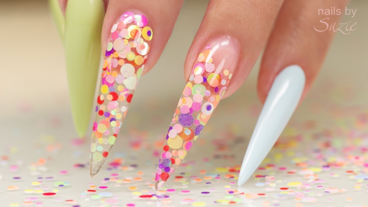 Clear Nails With Iridescent Confetti Confetti Nails Almond Acrylic Nails Jelly Nails