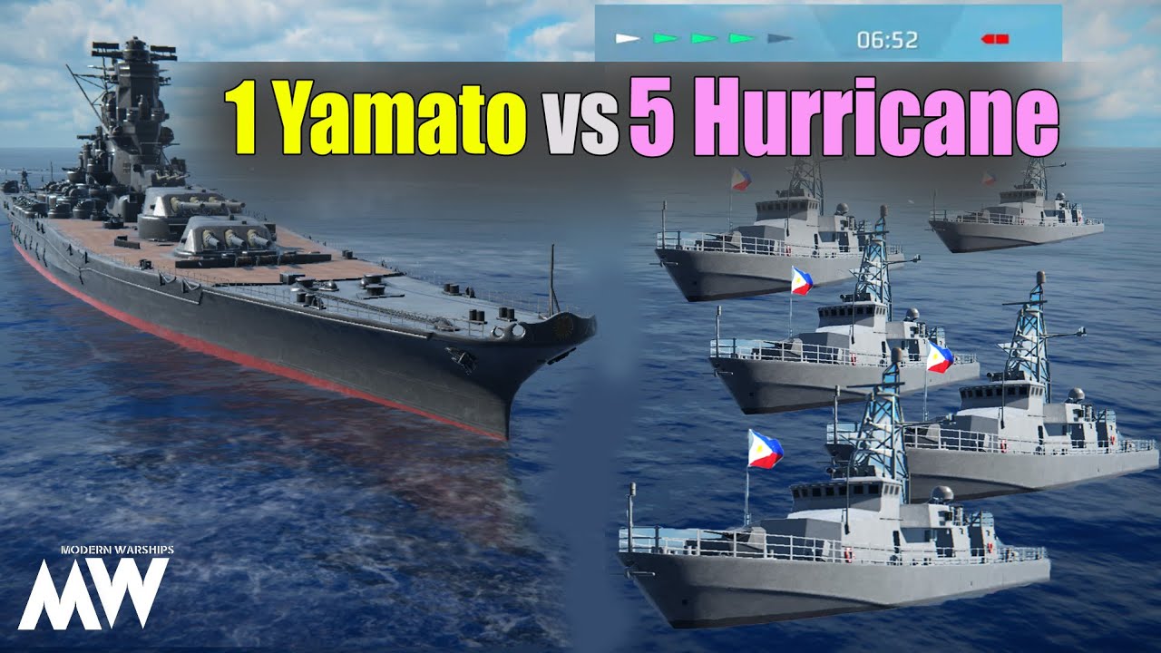 Modern Warships cinematic roleplay gameplay 5 Hurricane vs 1 Yamato, 1080p | Philippines vs Japan