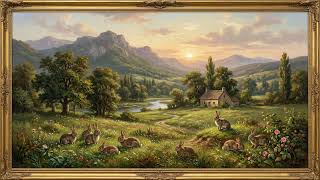 Rabbit Meadow & Mountain Cottage at Sunset Oil Painting in Gold Frame — 4K 8 Hour Screensaver for TV screenshot 5
