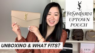 YSL UPTOWN POUCH IN DARK BEIGE, UNBOXING, FIRST IMPRESSIONS & WHAT FITS